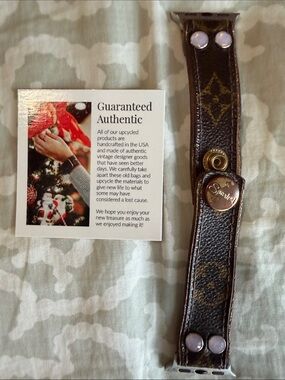 Upcycled Louis Vuitton Monogram Leather AppWatch Band in Brown with Gold Accents